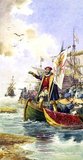 Vasco da Gama, 1st Count of Vidigueira (1460 or 1469 – 1524) was a Portuguese explorer, one of the most successful in the European Age of Discovery and the commander of the first ships to sail directly from Europe to India. For a short time in 1524 he was Governor of Portuguese India under the title of Viceroy. Painting by Ernesto Casanova, Illustration for Os Lusíadas by Luís de Camões, edition of 1880.
