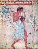 The Monterozzi Necropolis, dating from c.530 BC, contains some iof the finest examples of Etruscan wall paintings to survive. In particular the murals in the Tomb of the Bulls (Tomba dei Tori) are associated with a homosexual theme. The male lyre-player in this fresco has a substantial and barely concealed erection.