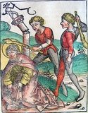 The Nuremberg Chronicle is an illustrated world history. Its structure follows the story of human history as related in the Bible; it includes the histories of a number of important Western cities. Written in Latin by Hartmann Schedel, with a version in German translation by Georg Alt, it appeared in 1493. It is one of the best-documented early printed books - an incunabulum (printed, not hand-written) - and one of the first to successfully integrate illustrations and text.