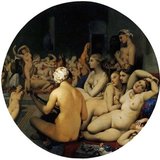 The Turkish Bath, 1862, oil on canvas. A summation of the theme of female voluptuousness attractive to Ingres throughout his life, rendered in the circular format of earlier masters.<br/><br/>

A ‘harem’ is not a bordello, seraglio or brothel, but refers to the women’s quarters, usually in a polygynous household, which are forbidden to men. It originated in the Near East and is typically associated in the Western world with the Ottoman Empire.<br/><br/>

Female seclusion in Islam is emphasized to the extent that any unlawful breaking into that privacy is ḥarām ie, 'forbidden'. A Muslim harem does not necessarily consist solely of women with whom the head of the household has sexual relations (wives and concubines), but also their young offspring, other female relatives or odalisques, which are the concubines’ servants. The harem may either be a palatial complex, as in Romantic tales, in which case it includes staff (women and eunuchs), or simply their quarters, in the Ottoman tradition separated from the men's selamlık.
A hammam is a common bath house.

