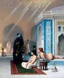 A ‘harem’ is not a bordello, seraglio or brothel, but refers to the women’s quarters, usually in a polygynous household, which are forbidden to men. It originated in the Near East and is typically associated in the Western world with the Ottoman Empire.<br/><br/>

Female seclusion in Islam is emphasized to the extent that any unlawful breaking into that privacy is ḥarām ie, 'forbidden'. A Muslim harem does not necessarily consist solely of women with whom the head of the household has sexual relations (wives and concubines), but also their young offspring, other female relatives or odalisques, which are the concubines’ servants. The harem may either be a palatial complex, as in Romantic tales, in which case it includes staff (women and eunuchs), or simply their quarters, in the Ottoman tradition separated from the men's selamlık.<br/><br/>

A hammam is a common bath house.

