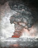 27th May 1883:  Clouds pouring from the volcano on Krakatoa (aka Krakatau or Rakata) in south western Indonesia during the early stages of the eruption which eventually destroyed most of the island.  Royal Society Report on Krakatoa Eruption - pub. 1888 Lithograph  - Parker & Coward