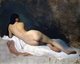 The languorous, sensuous pose of this woman is strongly reminiscent of Jean Auguste Dominique Ingres' popular paintings of odalisques, female slaves and concubines in Turkish harems.<br/><br/>

A ‘harem’ is not a bordello, seraglio or brothel, but refers to the women’s quarters, usually in a polygynous household, which are forbidden to men. It originated in the Near East and is typically associated in the Western world with the Ottoman Empire.<br/><br/>

Female seclusion in Islam is emphasized to the extent that any unlawful breaking into that privacy is ḥarām ie, 'forbidden'. A Muslim harem does not necessarily consist solely of women with whom the head of the household has sexual relations (wives and concubines), but also their young offspring, other female relatives or odalisques, which are the concubines’ servants. The harem may either be a palatial complex, as in Romantic tales, in which case it includes staff (women and eunuchs), or simply their quarters, in the Ottoman tradition separated from the men's selamlık.<br/><br/>

A hammam is a common bath house.
