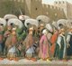 Pictured here is the Sultan leaving Topkapi Palace for Friday prayers in one of the capital's mosques circa 1810 by an unknown artist. The once-a-week outing was the only time the Sultan appeared in public. The advisers to the Sultan, the viziers, wore green. Chamberlains wore scarlet. Religious dignitaries wore purple and mullahs light blue. The master of horse dressed head-to-foot in dark green. Court officers wore light red shoes. Those who worked in the Grand Vizier’s office, located just outside the palace walls, wore yellow shoes. And among non-Muslims, Greeks wore black shoes, Armenians violet, and Jews blue slippers.